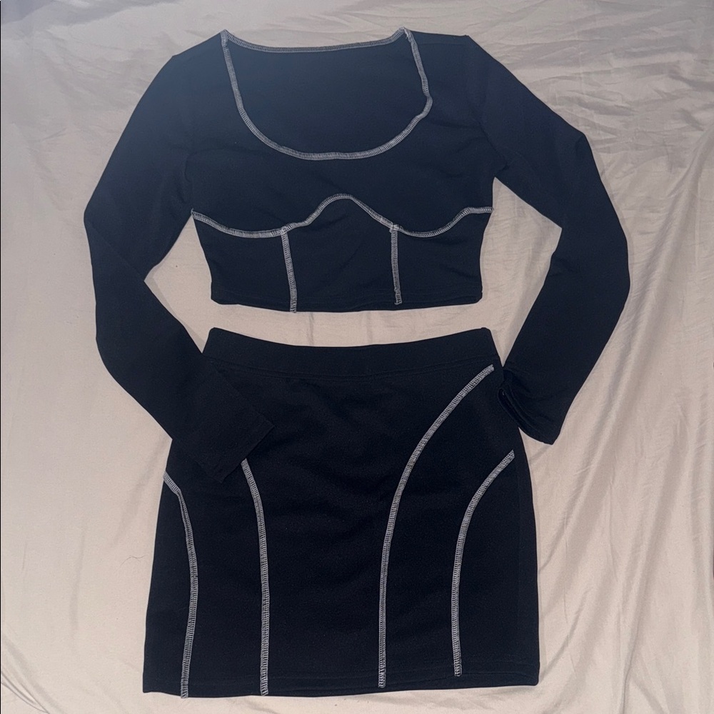 Elegant Black Skirt set with Contrast Stitching